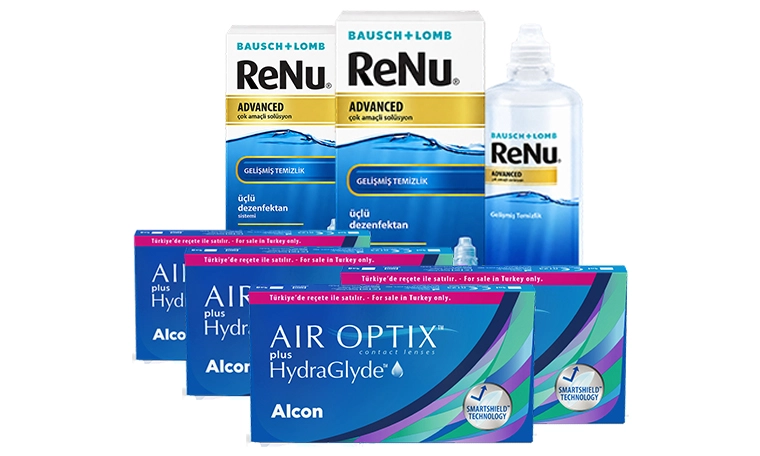 Air Optix Plus HydraGlyde İndirimli Lens Seti 4 Kutu (Renu Advanced Solüsyonlu) lens 